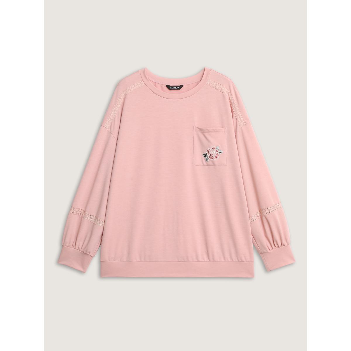Plus Size Floral Embroidery Lace Trim Sweatshirt Women Rouge Leisure Woven ribbon&lace trim Round Neck Casual Sweatshirts BloomChic 30/6X Product Image
