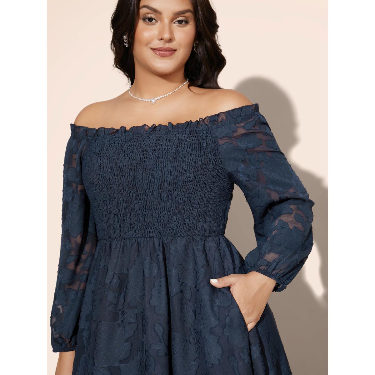 Plus Size Off Shoulder Shirred Frill Trim Dress Navy Women Cocktail Texture One-shoulder neck Long Sleeve Curvy BloomChic 30/6X Product Image