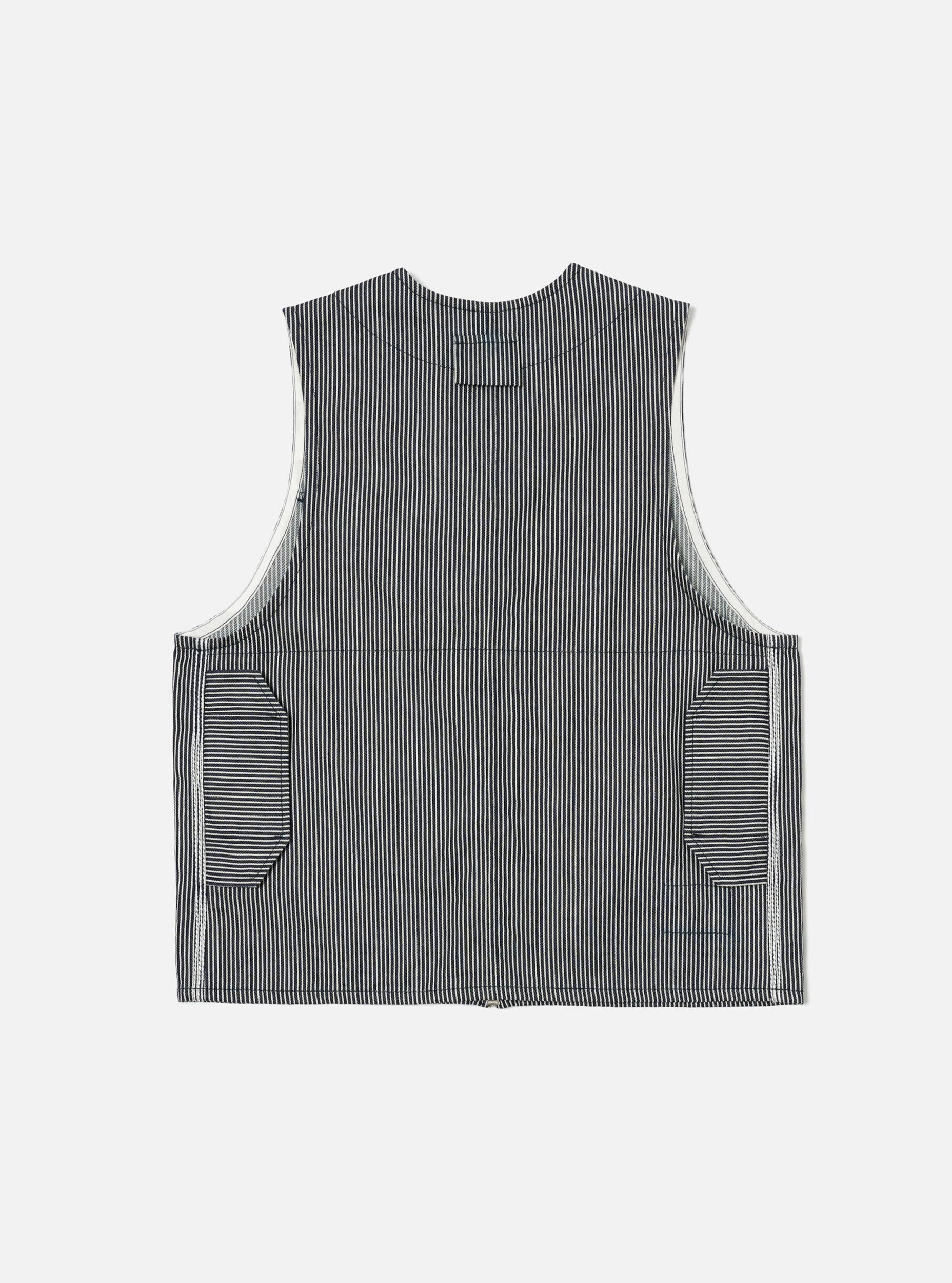 Universal Works Marine Gilet in Indigo Hickory Stripe Denim Product Image