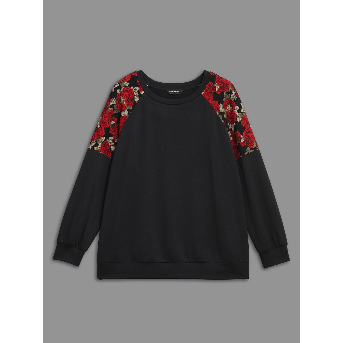 Plus Size Floral Raglan Sleeve Stretchy Fitted Sweatshirt Women Black Casual Contrast Round Neck Everyday Sweatshirts BloomChic 14-16/1X Product Image