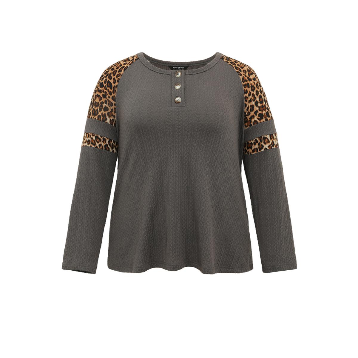 Plus Size Leopard Patchwork Contrast Jacquard T-shirt DimGray Women Casual Contrast Leopard Open Front Dailywear T-shirts BloomChic 10/M Product Image
