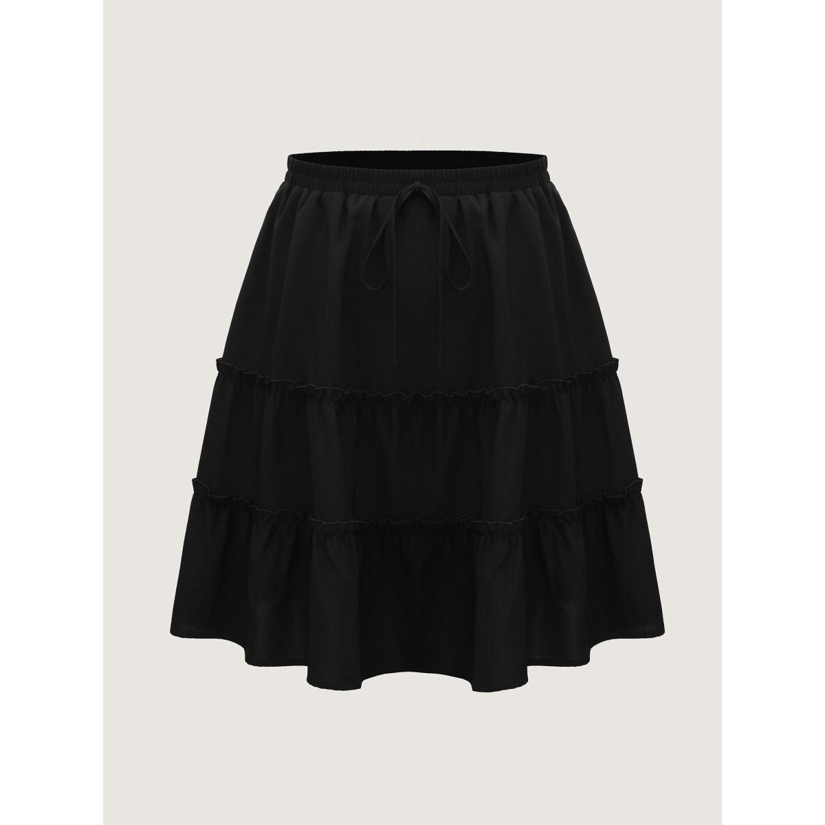 Plus Size Tiered Waist-Tie A-Line Midi Skirt Women Black No stretch Side seam pocket Everyday-Casual Skirts BloomChic 14-16/1X Product Image