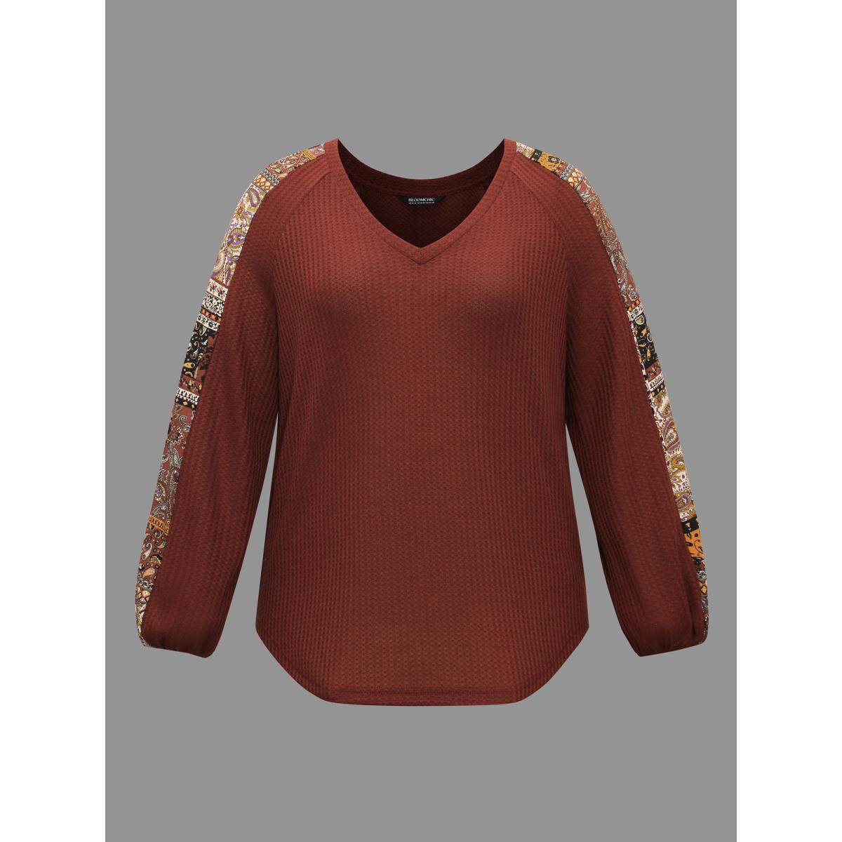 Plus Size Bandana Patchwork Waffle Knit T-shirt Maroon Women Casual Texture V-neck Loose Everyday T-shirts BloomChic 12/L Product Image