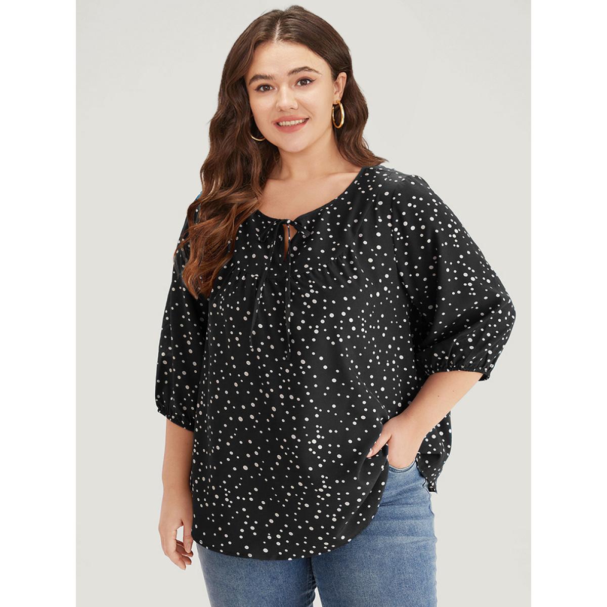 Plus Size Black Polka Dot Knot Neck Arc Hem Blouse Women Elegant Elbow-length sleeve Tie Neck Dailywear Blouses BloomChic 30/6X Product Image
