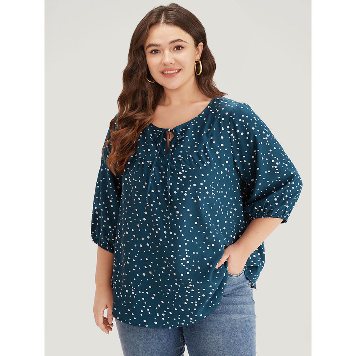 Plus Size Aegean Polka Dot Knot Neck Arc Hem Blouse Women Elegant Elbow-length sleeve Tie Neck Dailywear Blouses BloomChic 14-16/1X Product Image