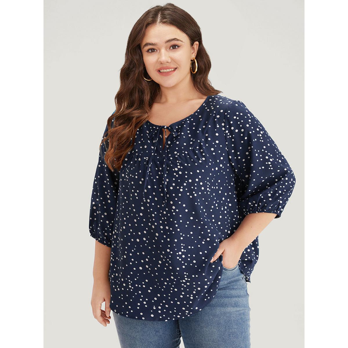Plus Size Indigo Polka Dot Knot Neck Arc Hem Blouse Women Elegant Elbow-length sleeve Tie Neck Dailywear Blouses BloomChic 30/6X Product Image