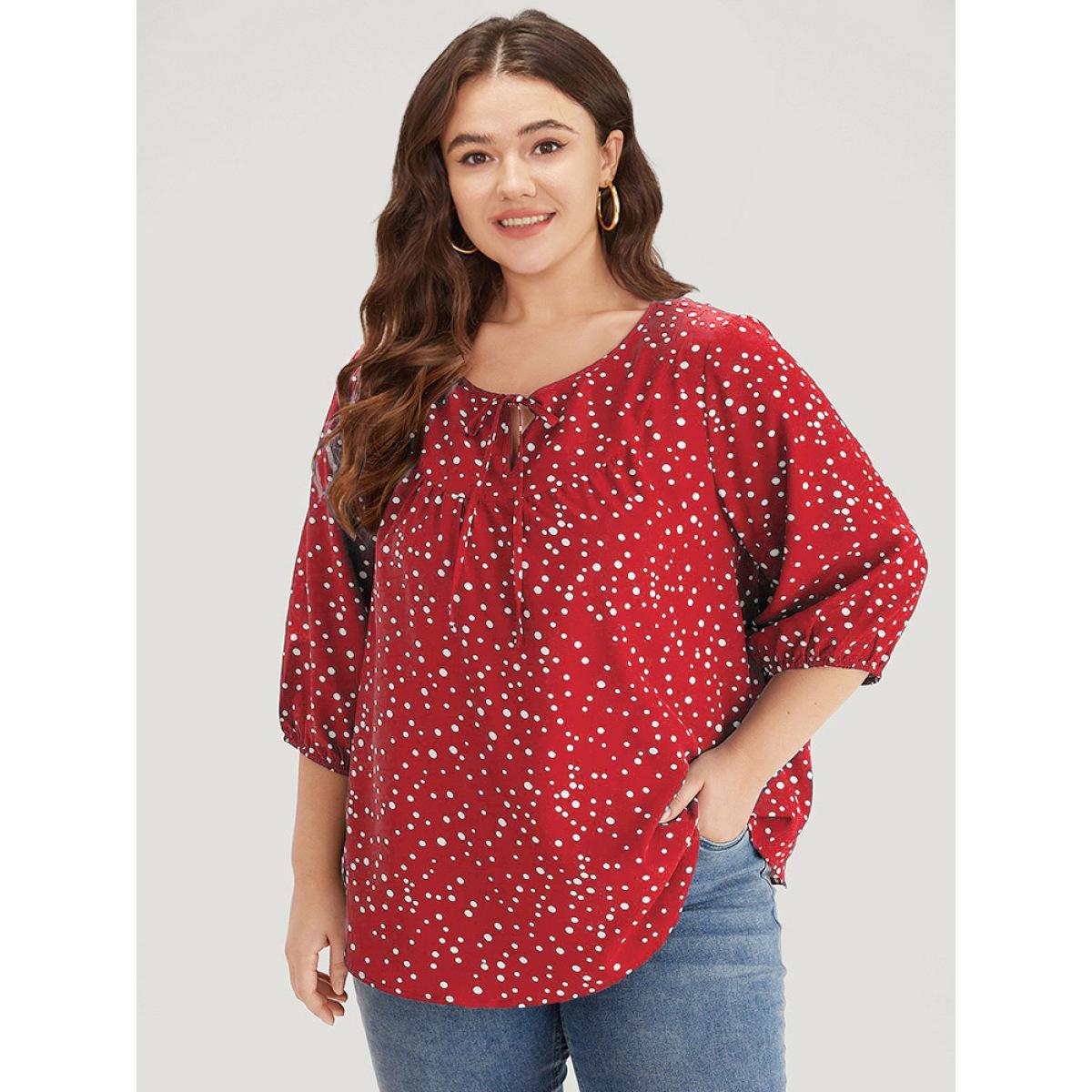 Plus Size Raspberry Polka Dot Knot Neck Arc Hem Blouse Women Elegant Elbow-length sleeve Tie Neck Dailywear Blouses BloomChic 12/L Product Image