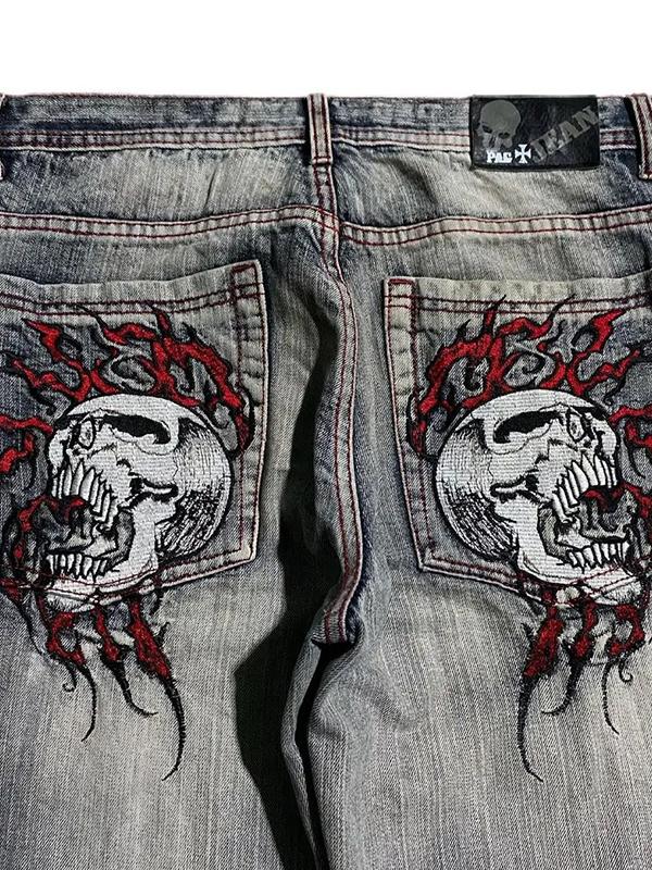 Skull Embroidery Loose Boyfriend Jeans Product Image