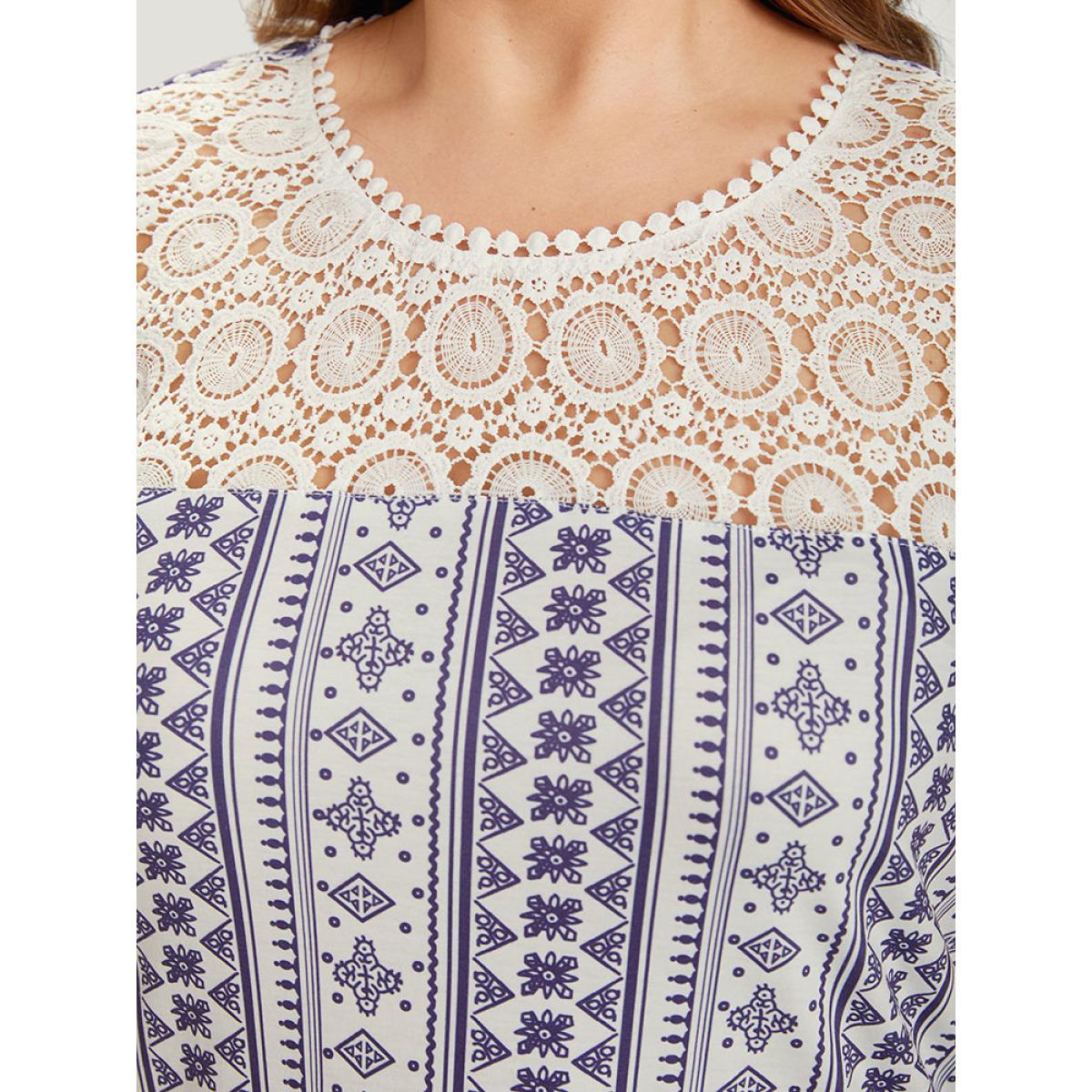 Plus Size Bandana Print Lace Patchwork Pompom Trim T-shirt DarkBlue Women Elegant Lace Bohemian Print Round Neck Dailywear T-shirts BloomChic 12/L Product Image