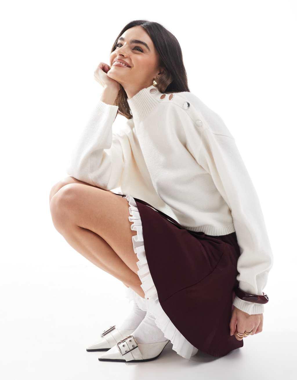 Miss Selfridge flippy mini skirt with bows in burgundy Product Image