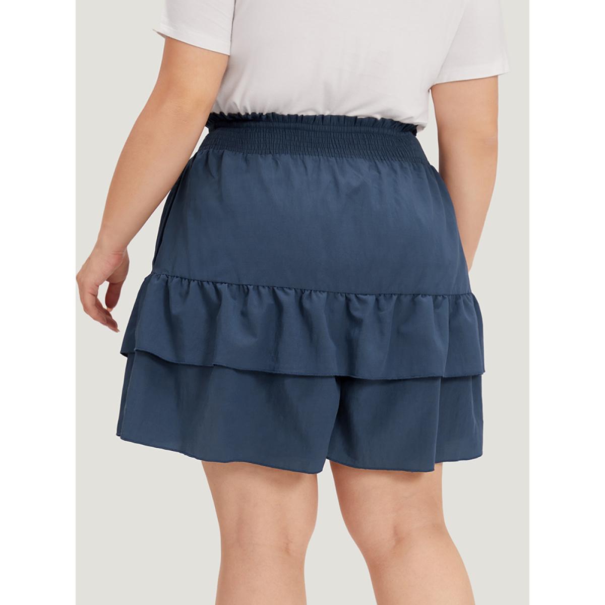 Plus Size Solid Paperbag Waist Shirred Layered Hem Shorts Women Indigo Casual Plain Dailywear Shorts BloomChic 30/6X Product Image