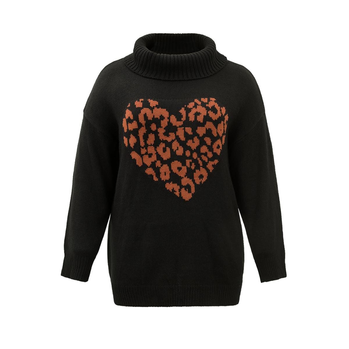 Plus Size Hreat Print Contrast Turtle Neck Pullover Black Women Casual Loose Long Sleeve Lapel Collar Dailywear Pullovers BloomChic 30/6X Product Image