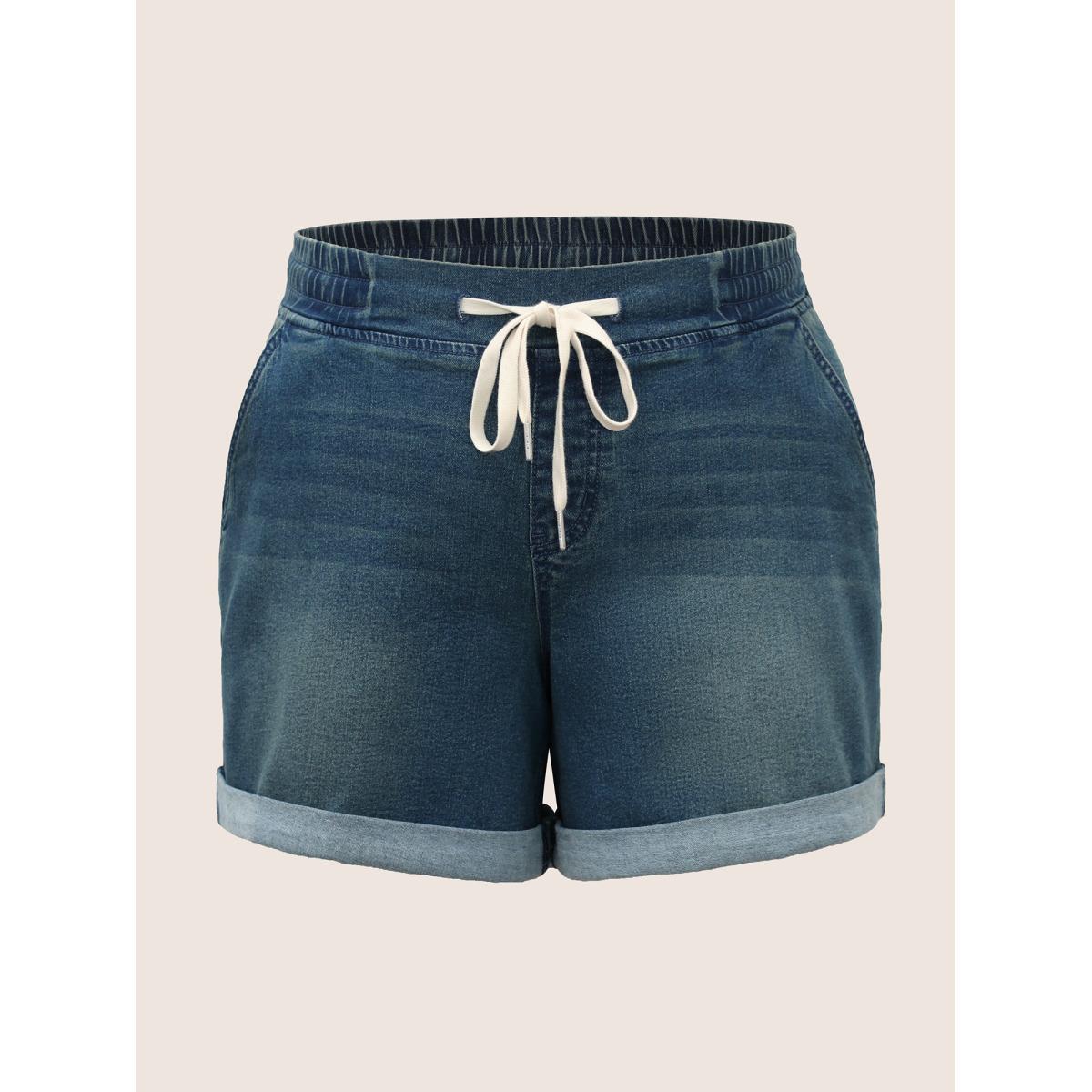 Plus Size Dark Wash Roll Hem Drawstring Denim Shorts Women Denimblue Roll Hem High stretch Everyday Slanted pocket Casual Denim Shorts BloomChic 24/3X Product Image