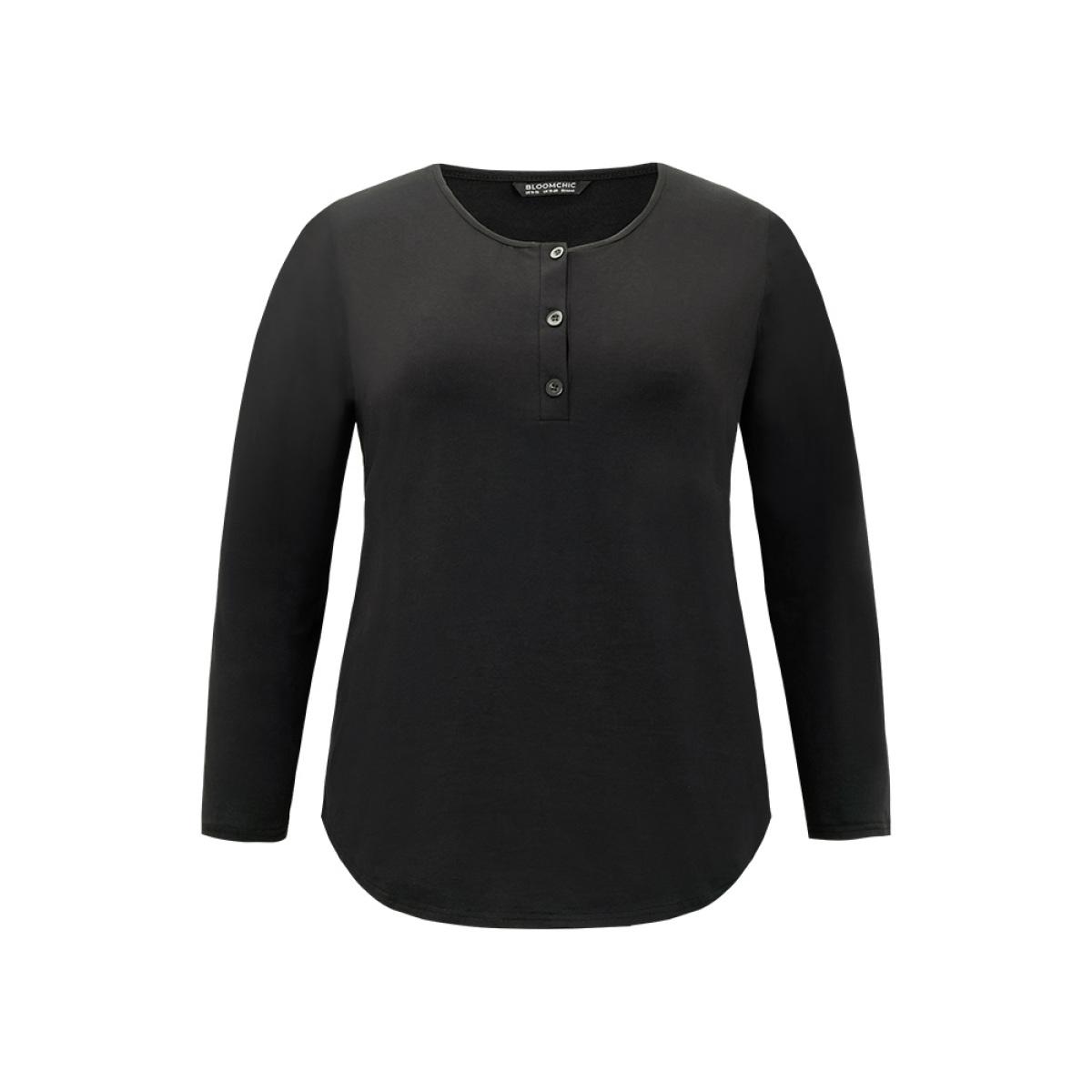 Plus Size Cotton Solid Button Through Arc Hem T-shirt Black Women Elegant Plain Plain Open Front Dailywear T-shirts BloomChic 10/M Product Image