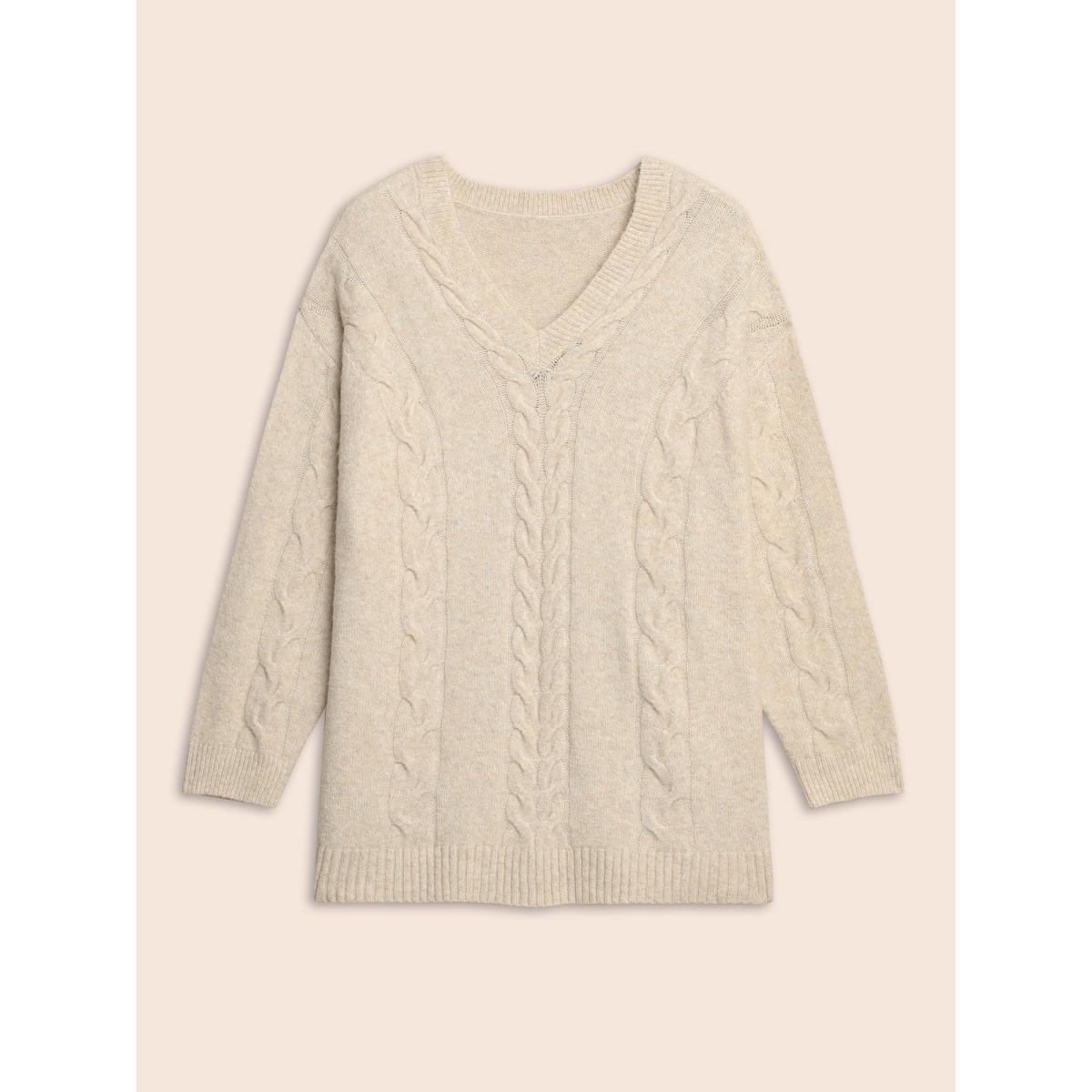 Plus Size Supersoft Essentials Solid Cable Knit Puff Sleeve Pullover Apricot Women Casual Long Sleeve V-neck Everyday Pullovers BloomChic 22-24/3X Product Image