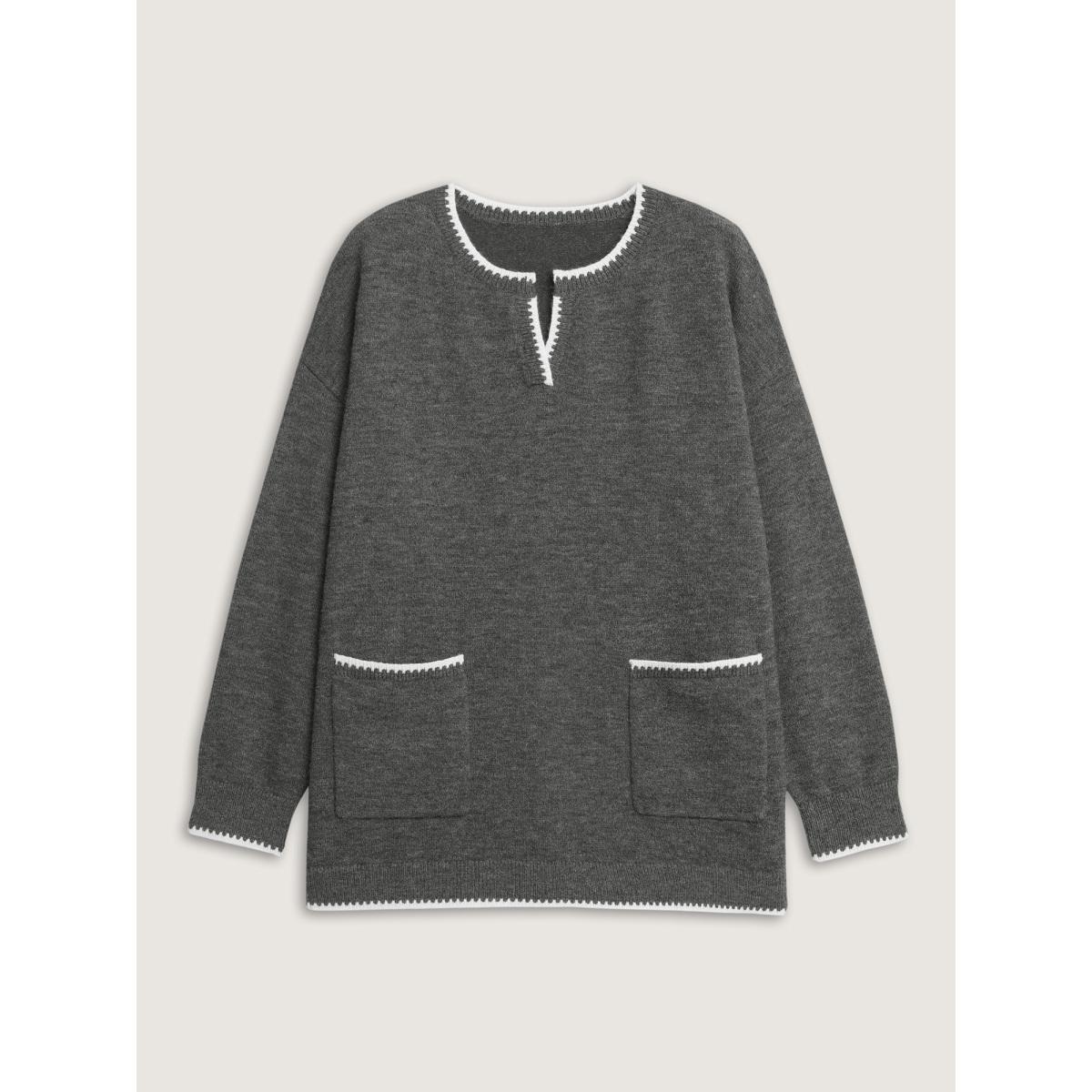 Plus Size Color Contrast Patch Pockets Split Neckline Pullover DimGray Women Leisure Loose Long Sleeve Flat collar with V-notch Casual Pullovers BloomChic 22-24/3X Product Image