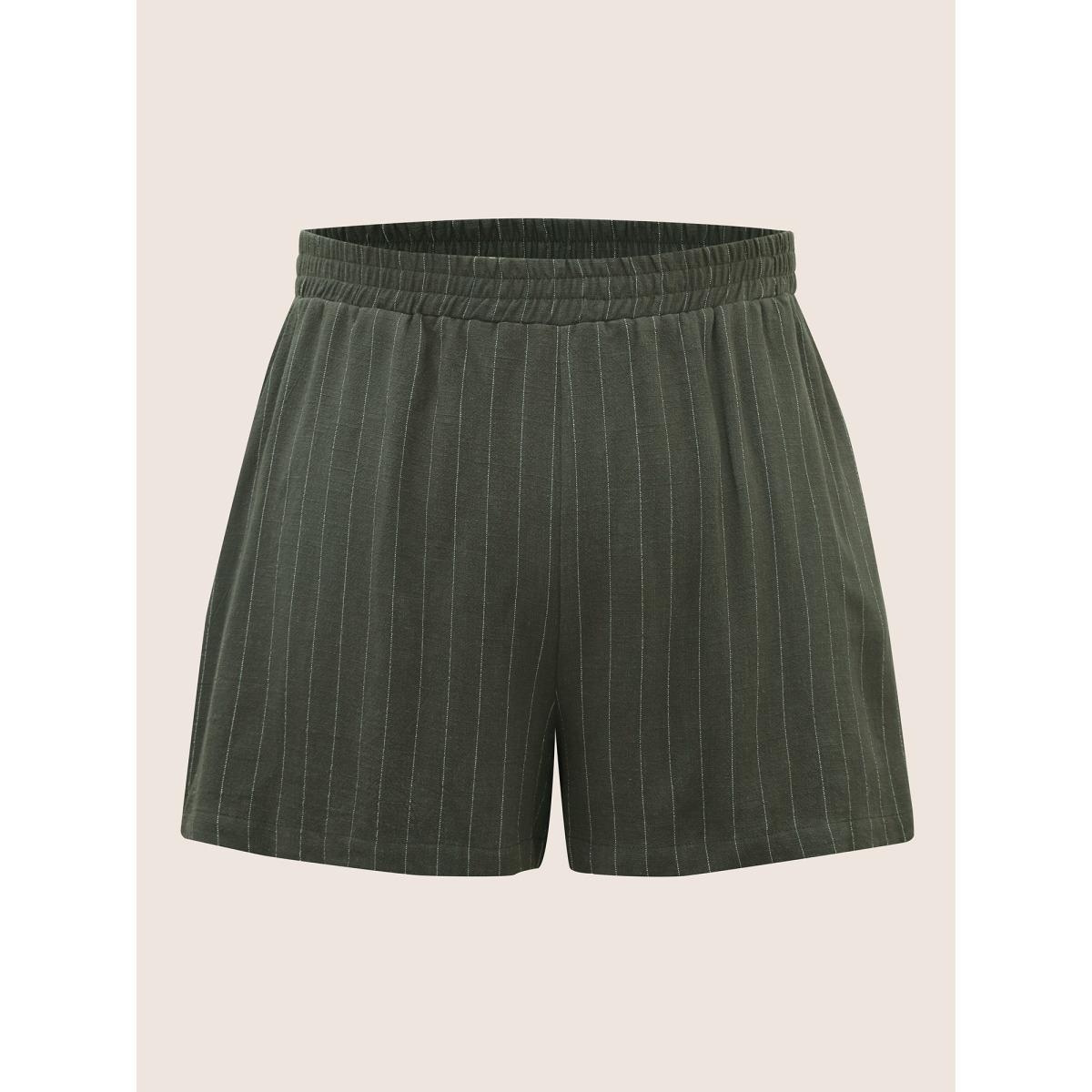 Plus Size Linen Blend Striped Split Side Mid Rise Shorts Women ArmyGreen Casual Slit Everyday Shorts BloomChic 18-20/2X Product Image