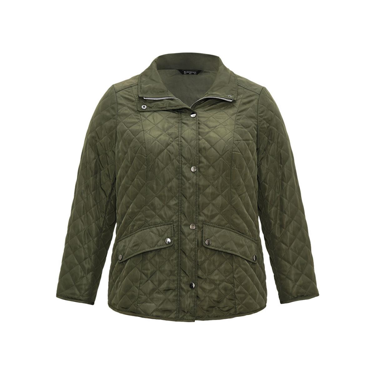 Plus Size Argyle Plaid Flap Pocket Zipper Fly Coat Women ArmyGreen Casual Texture Ladies Dailywear Winter Coats BloomChic 10/M Product Image