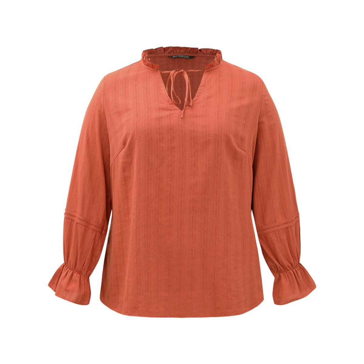 Plus Size OrangeRed Plain Tie Neck Textured Ruffle Trim Blouse Women Elegant Long Sleeve Tie Neck Dailywear Blouses BloomChic 14-16/1X Product Image
