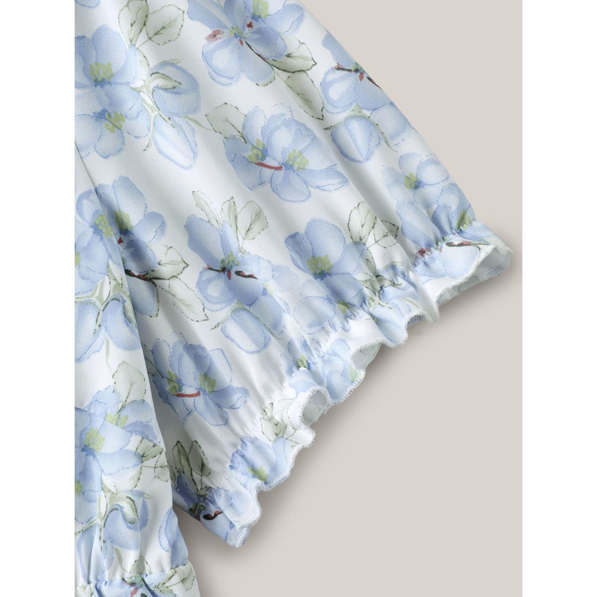 Plus Size Skyblue Breezy Floral Print Drawstring Babydoll Top Women Short sleeve V-neck Everyday-Elegant Blouses BloomChic 12/L Product Image