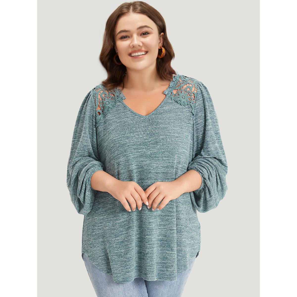 Plus Size Lace Insert Curved Hem Lantern Sleeve Sweatshirt Women Cyan Elegant Elastic cuffs V-neck Dailywear Sweatshirts BloomChic 30/6X Product Image