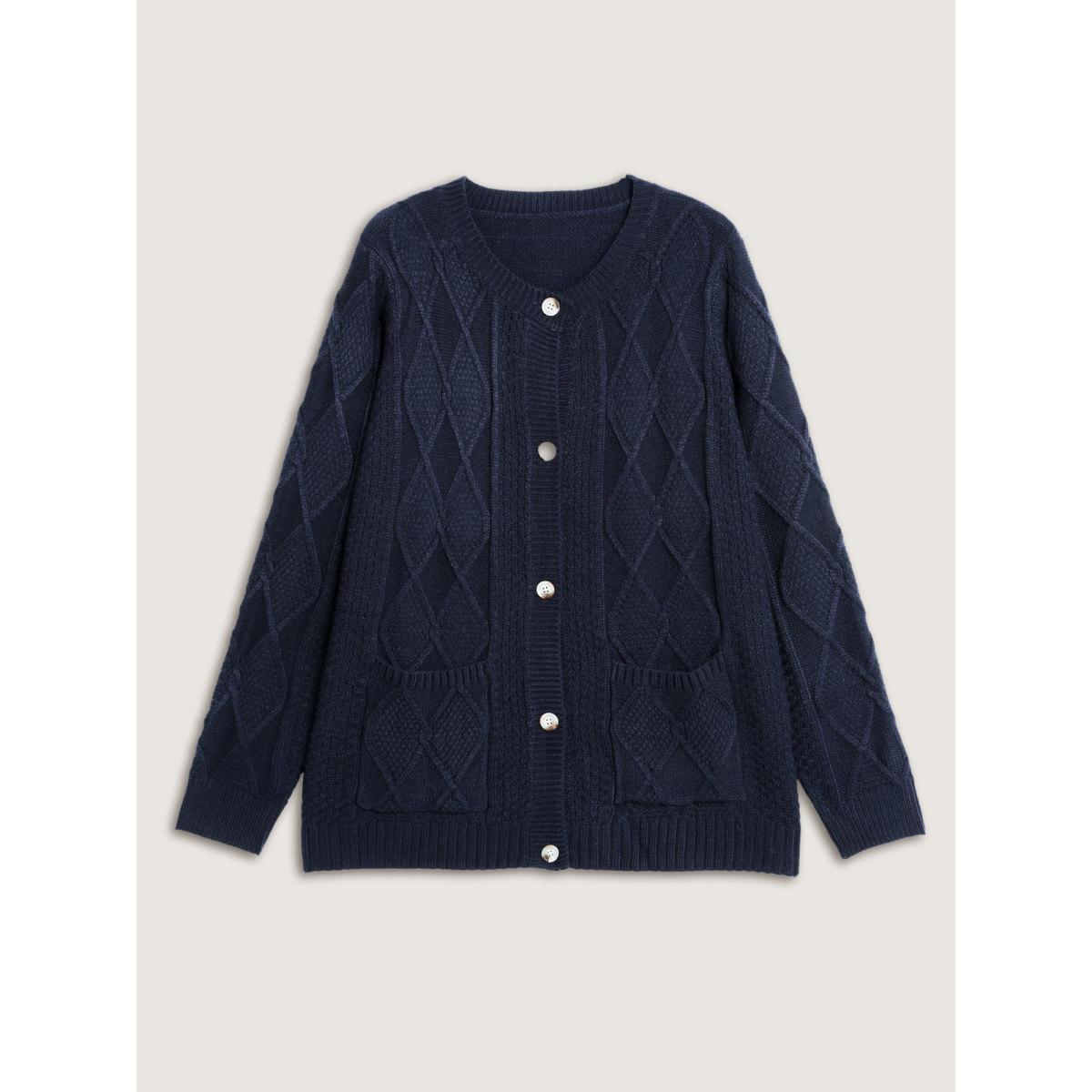 Plus Size Cable Knit Button Pockets Cardigan Midnight Women Loose Long Sleeve Casual Cardigans BloomChic 26/4X Product Image