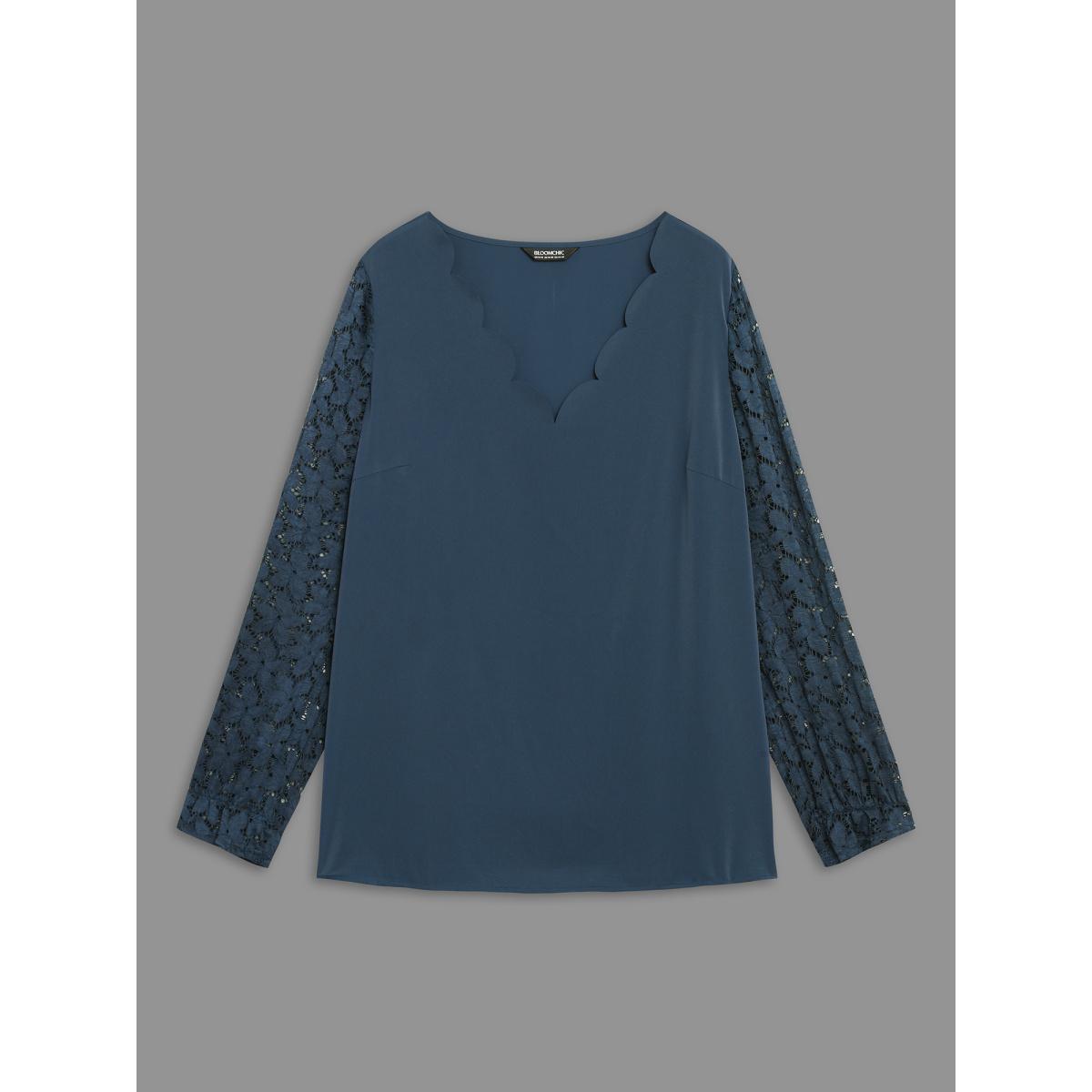 Plus Size Indigo Sheer Floral Sleeve Scalloped Neck Shirt Women Elegant Long Sleeve V-neck Everyday Blouses BloomChic 28/5X Product Image
