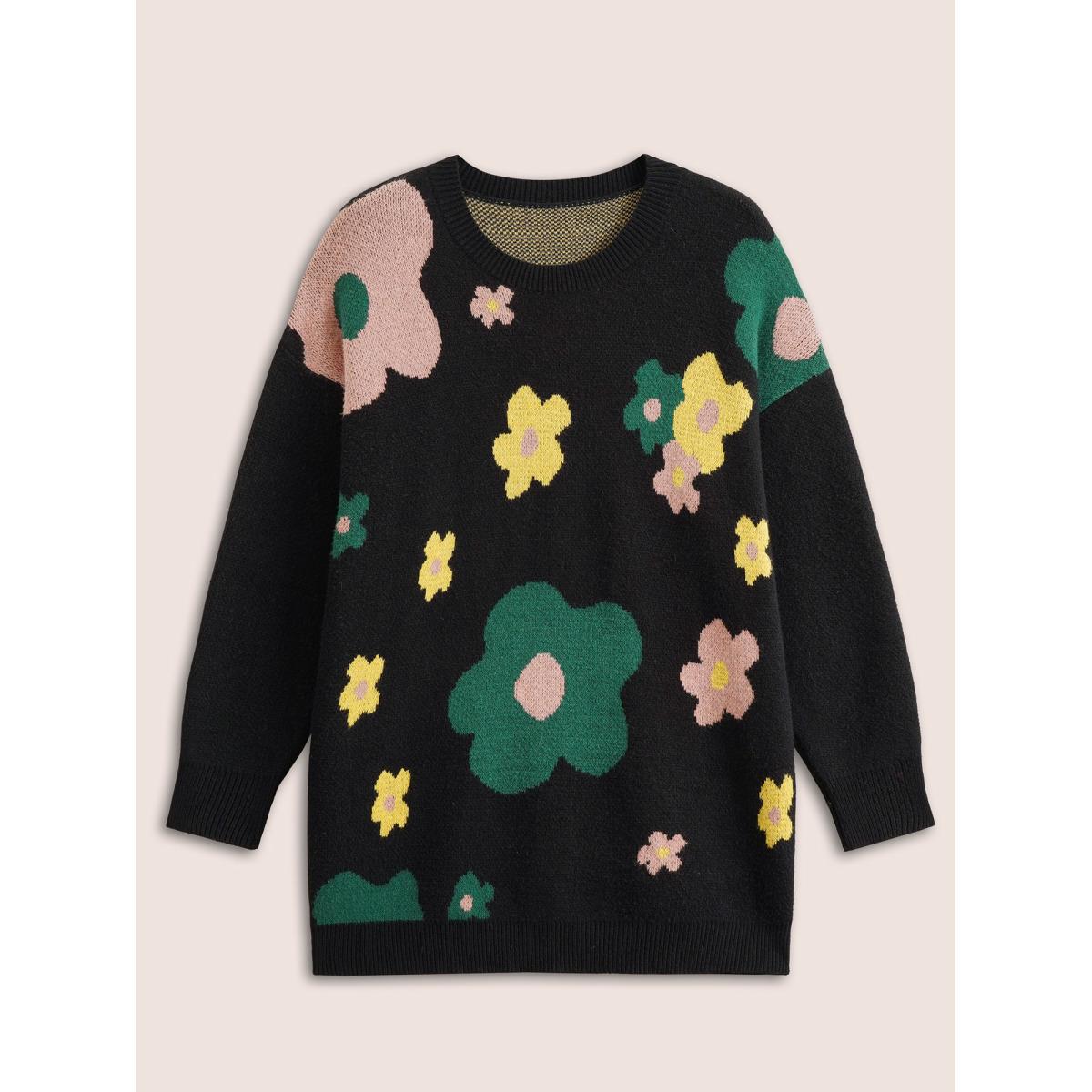 Plus Size Supersoft Essentials Colour Floral Drop Shoulder Pullover Black Women Casual Loose Long Sleeve Round Neck Everyday Pullovers BloomChic 14-16/1X Product Image