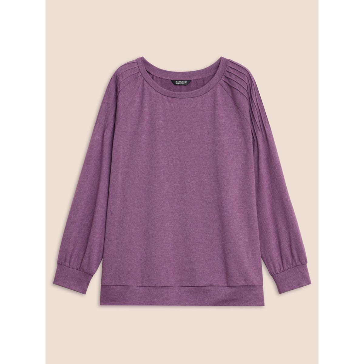 Plus Size Solid Heather Raglan Sleeve Pleated Sweatshirt Women Deeppurplered Casual Pleated Round Neck Everyday Sweatshirts BloomChic 14-16/1X Product Image