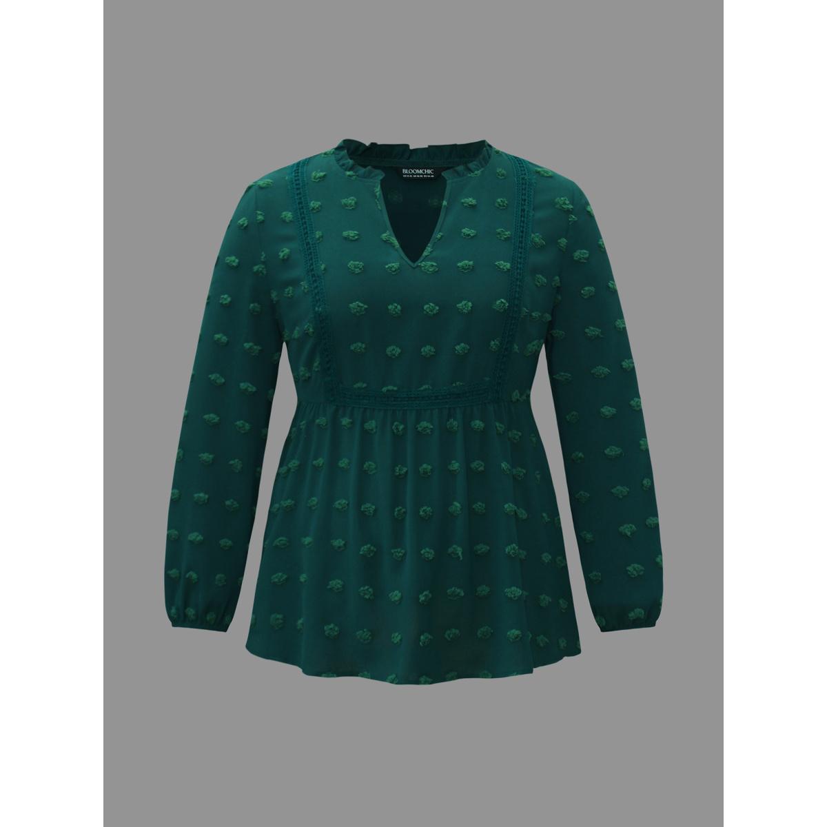 Plus Size DarkGreen Notched Collar Ruffle Trim Textured Blouse Women Elegant Extra Long Sleeve V-neck Everyday Blouses BloomChic 22-24/3X Product Image