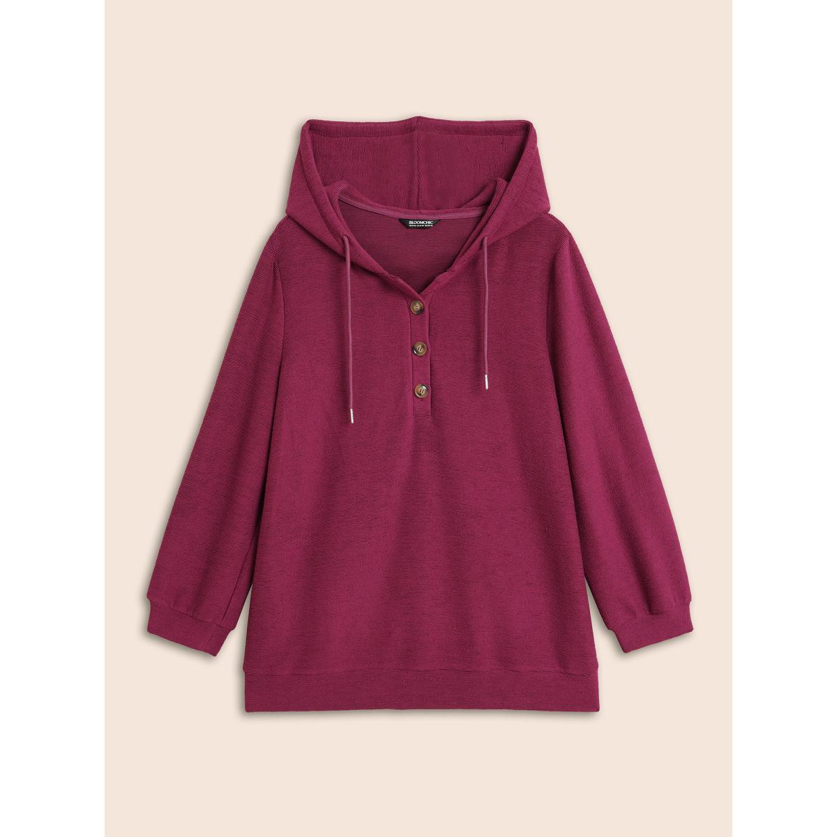 Plus Size Solid Button Up Hooded Drawstring Sweatshirt Women RedViolet Casual Texture Hooded Everyday Sweatshirts BloomChic 30/6X Product Image