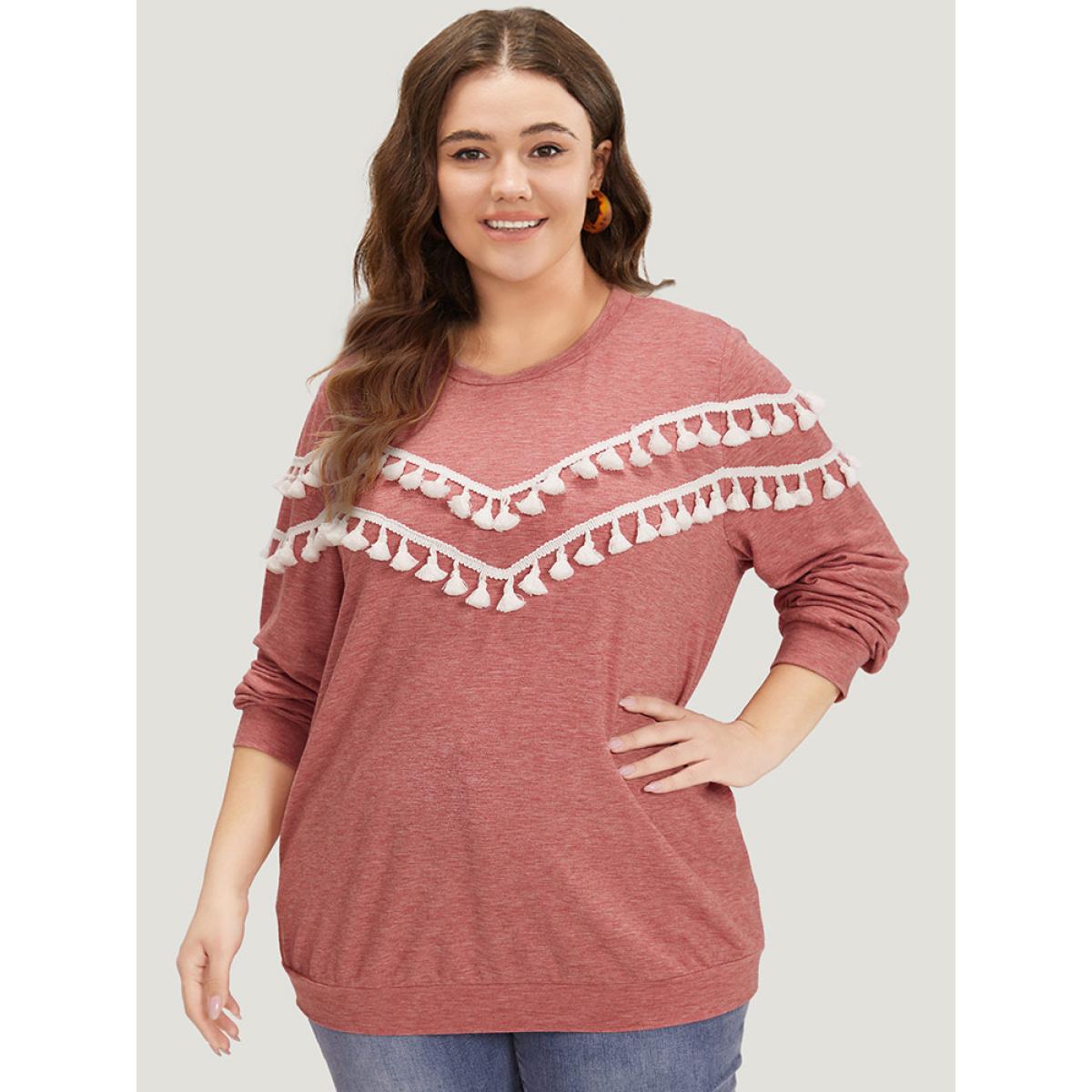 Plus Size plain Heather Crew Neck Tassel Trim Sweatshirt Women Russet Elegant Elastic cuffs Round Neck Dailywear Sweatshirts BloomChic 12/L Product Image