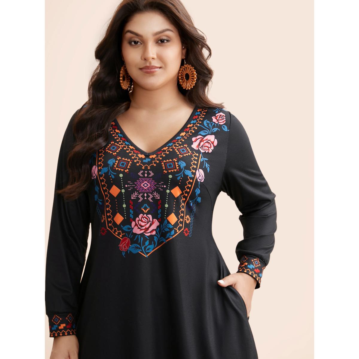 Plus Size Bandana Print V Neck Midi Dress Black Women Resort Non V-neck Long Sleeve Curvy BloomChic 30/6X Product Image