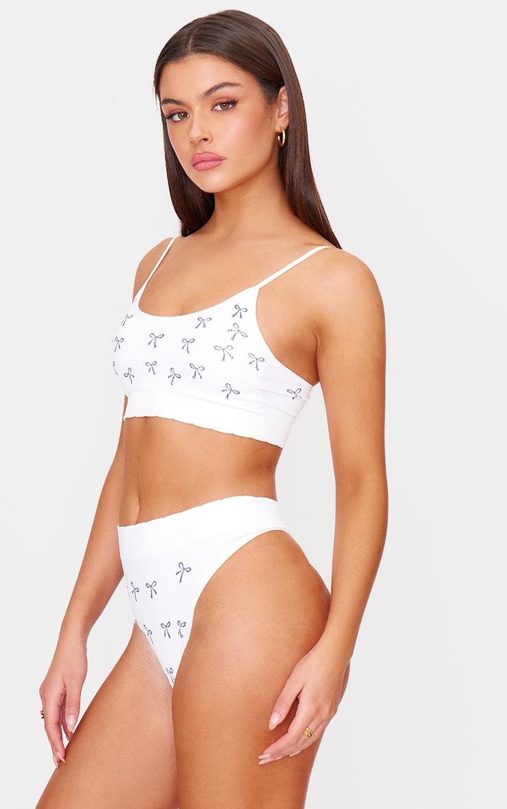 White Bow Print Ribbed Scoop Neck Bralette Product Image