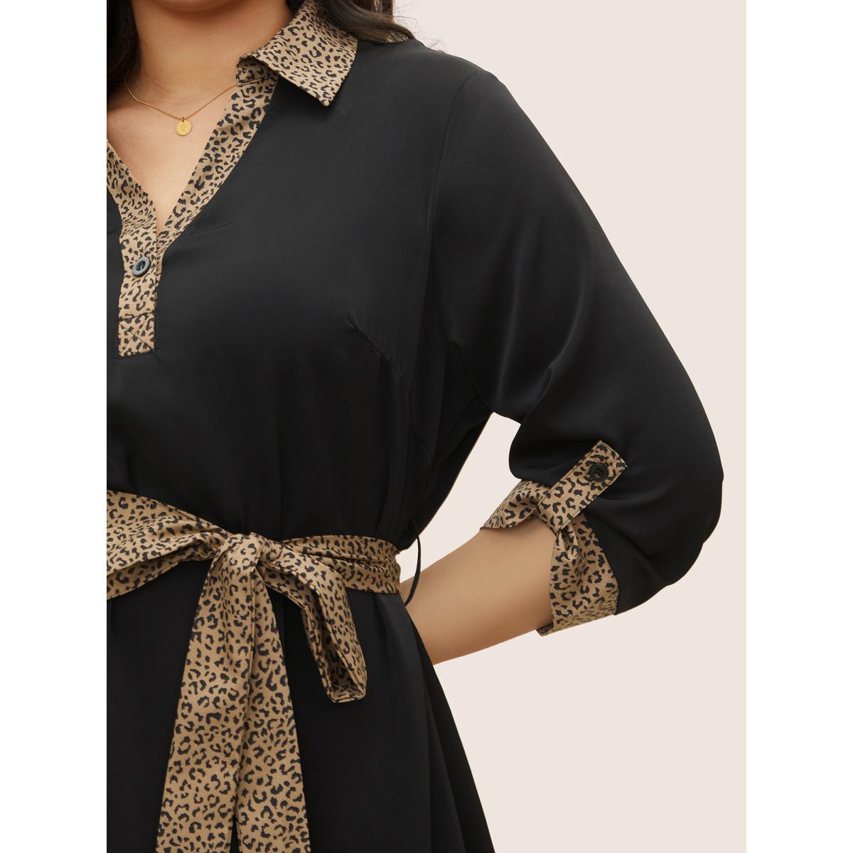 Plus Size Anti-Wrinkle Leopard Patchwork Tab Sleeve Dress Black Women At the Office Non Lapel Collar Elbow-length sleeve Curvy Midi Dress BloomChic 30/6X Product Image