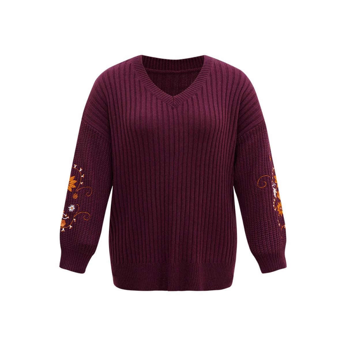 Plus Size Floral Embroidered Plisse Drop Shoulder Pullover Burgundy Women Casual Loose Long Sleeve V-neck Dailywear Pullovers BloomChic 18-20/2X Product Image
