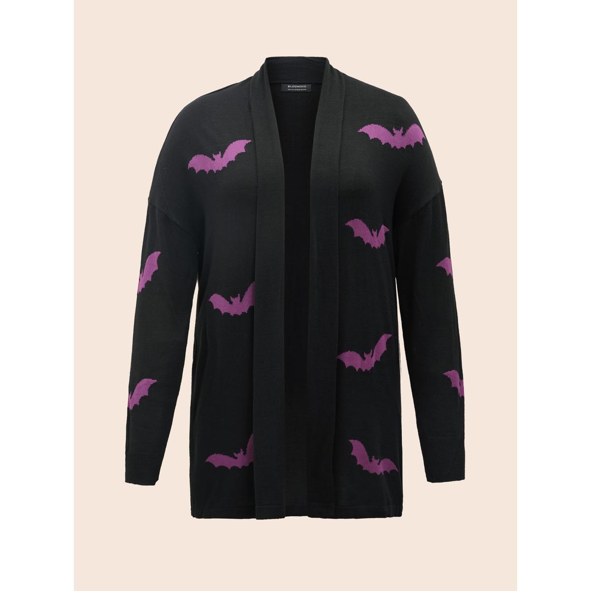 Plus Size Supersoft Essentials Halloween Bat Pattern Lapel Collar Cardigan Black Women Casual Loose Long Sleeve Festival-Halloween Cardigans BloomChic 18-20/2X Product Image