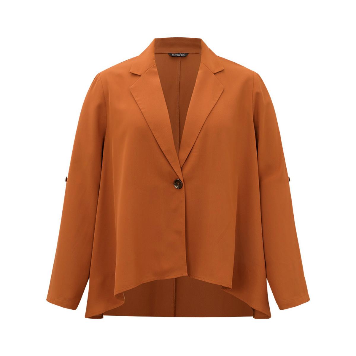 Plus Size Plain Button Up Tab Sleeve High Low Hem Blazer Chocolate Women Work Plain Drape Sleeve Long Sleeve Lapel Collar 22-24/3X At the Office Blazers BloomChic Product Image