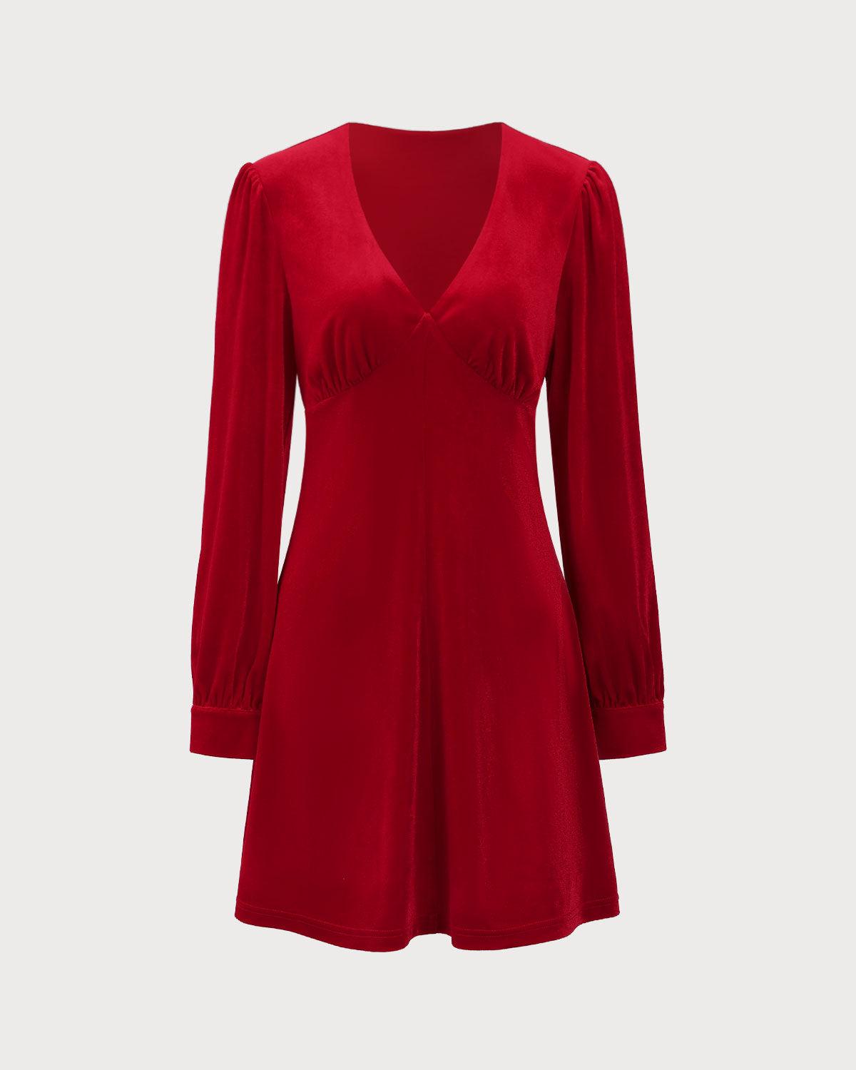 Red Velvet Puffed Sleeve A-Line Mini Dress Product Image