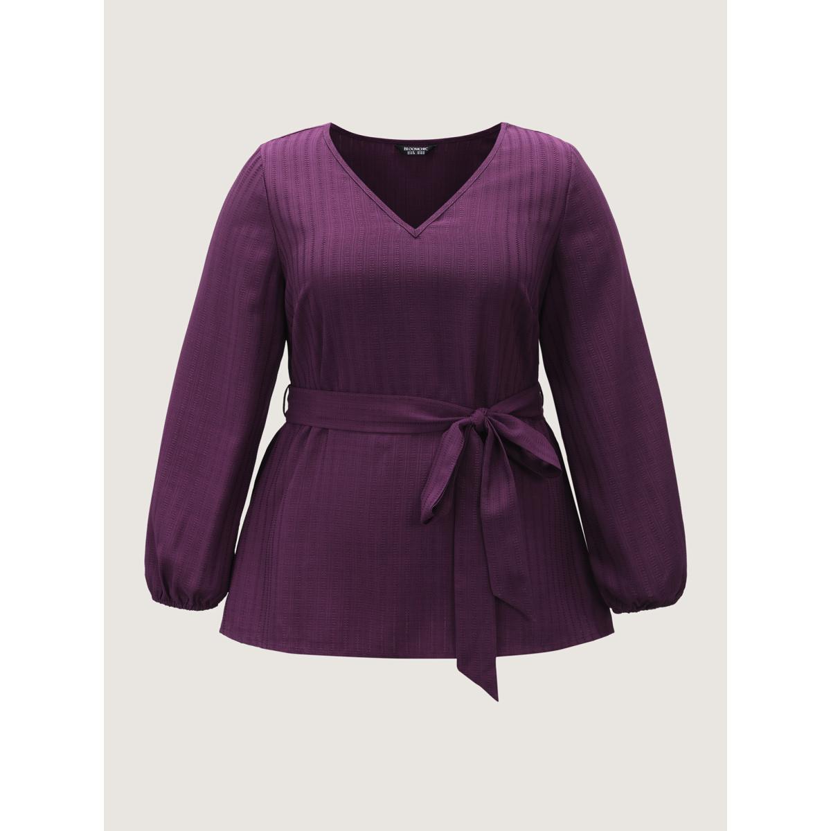 Plus Size Deeppurplered Textured Waist-Tie V-Neck Blouse Women Timeless Extra Long Sleeve V-neck Elegant Blouses BloomChic 10/M Product Image