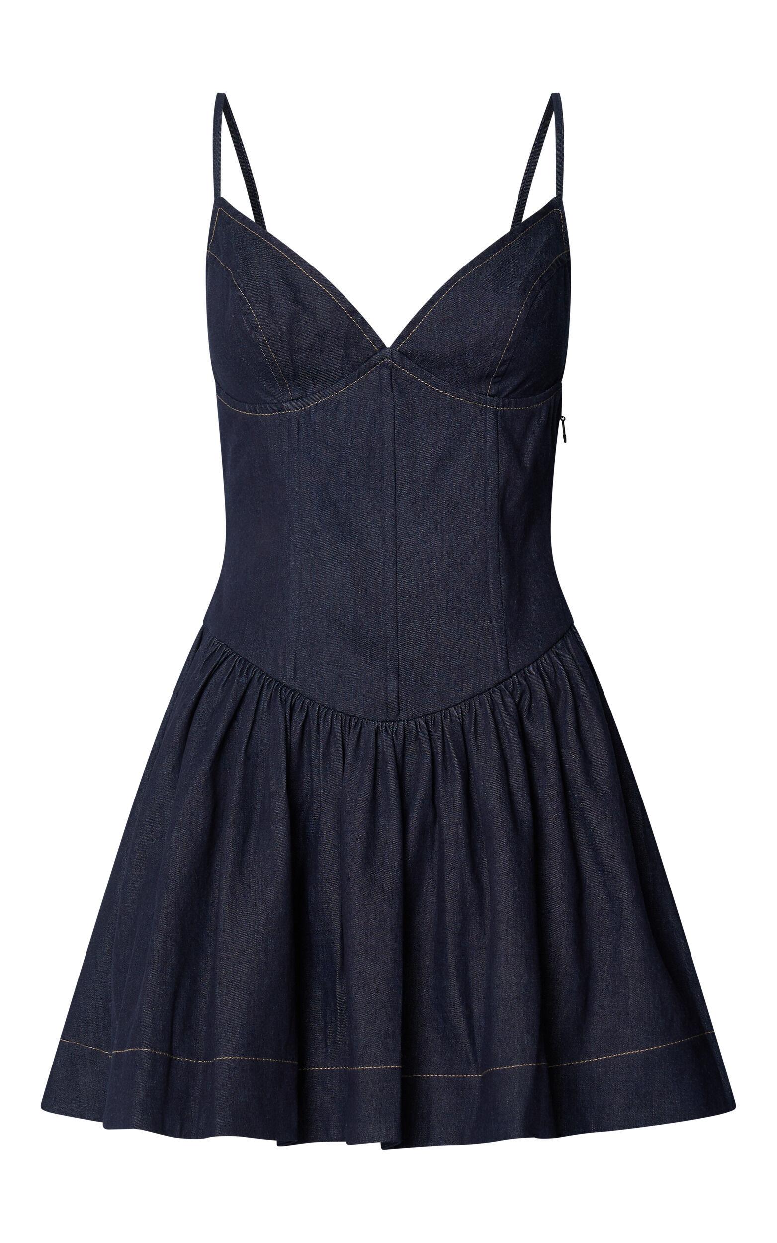 Betchie Mini Dress - V - Neck Strappy Drop Waist Gathered Skirt Denim Dress in Dark Raw Denim Product Image