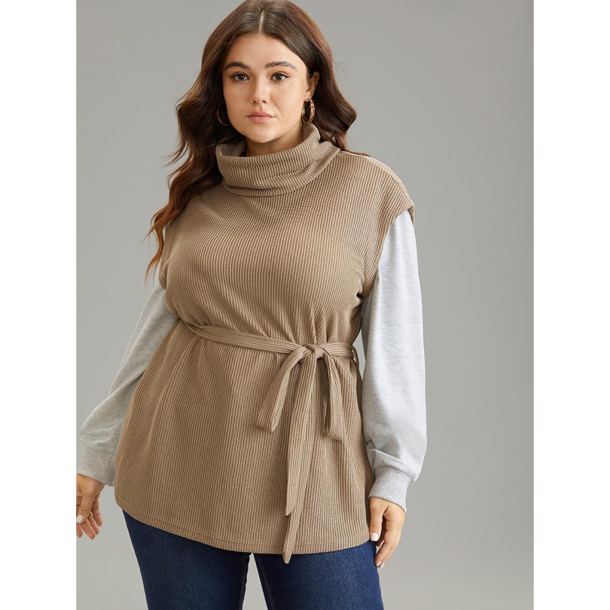 Plus Size 2-In-1 Turtleneck Texture Patchwork Belted Sweatshirt Women LightBrown Casual Texture Turtleneck Dailywear Sweatshirts BloomChic 10/M Product Image