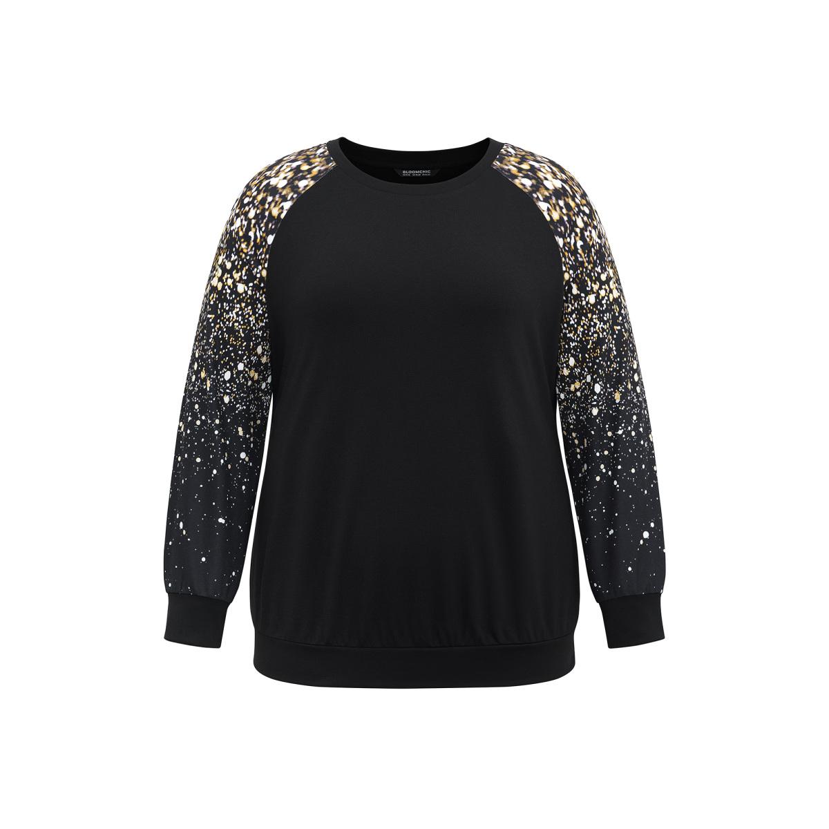 Plus Size Ombre Boho Print Raglan Sleeve T-shirt Black Women Casual Contrast Ombre Round Neck Dailywear T-shirts BloomChic 22-24/3X Product Image