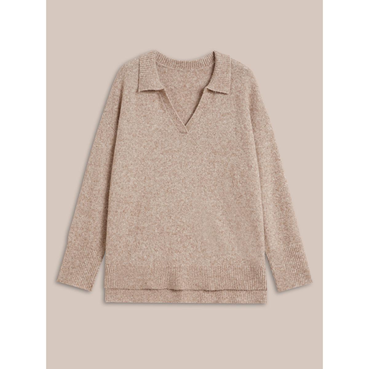 Plus Size Airy Cozy Polo Collar Wool Pullover Apricot Women Casual Loose Long Sleeve Polo Everyday Pullovers BloomChic 30/6X Product Image