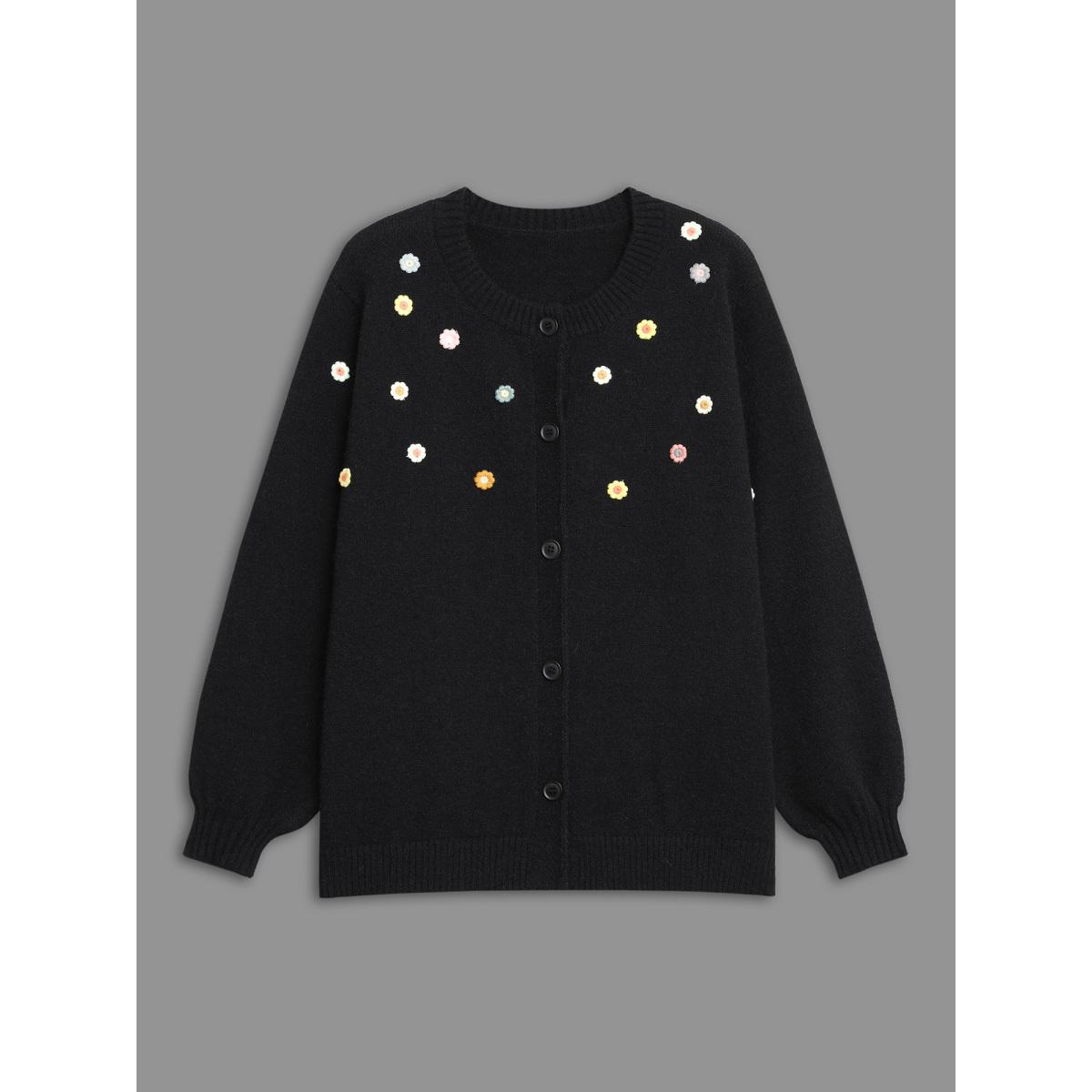 Plus Size Stereo Flower Design Button Through Cardigan Black Women Casual Loose Long Sleeve Everyday Cardigans BloomChic 10/M Product Image