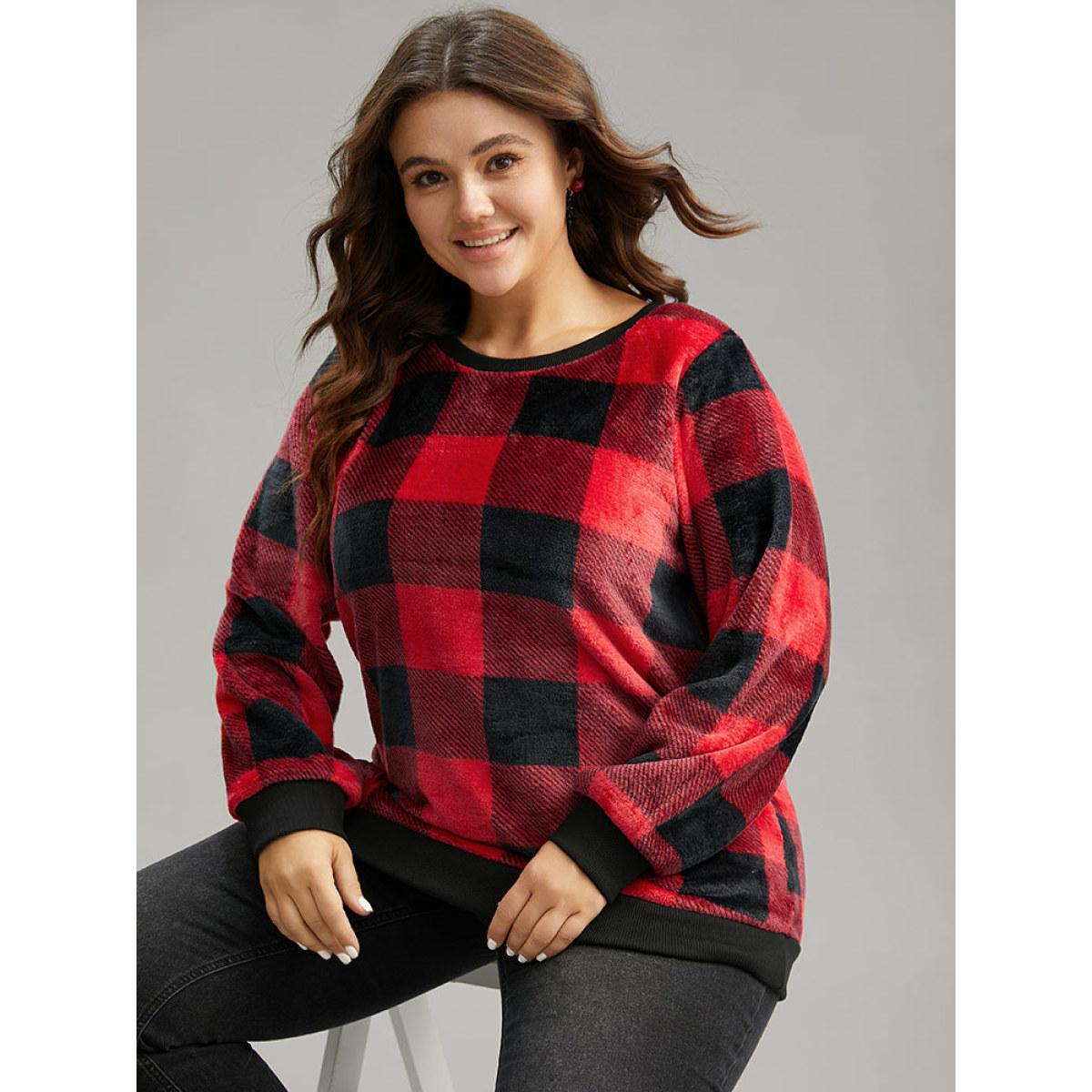 Plus Size Plaid Print Round Neck Fluffy Sweatshirt Women Scarlet Casual Rib Knit Round Neck Festival-Christmas Sweatshirts BloomChic 12/L Product Image