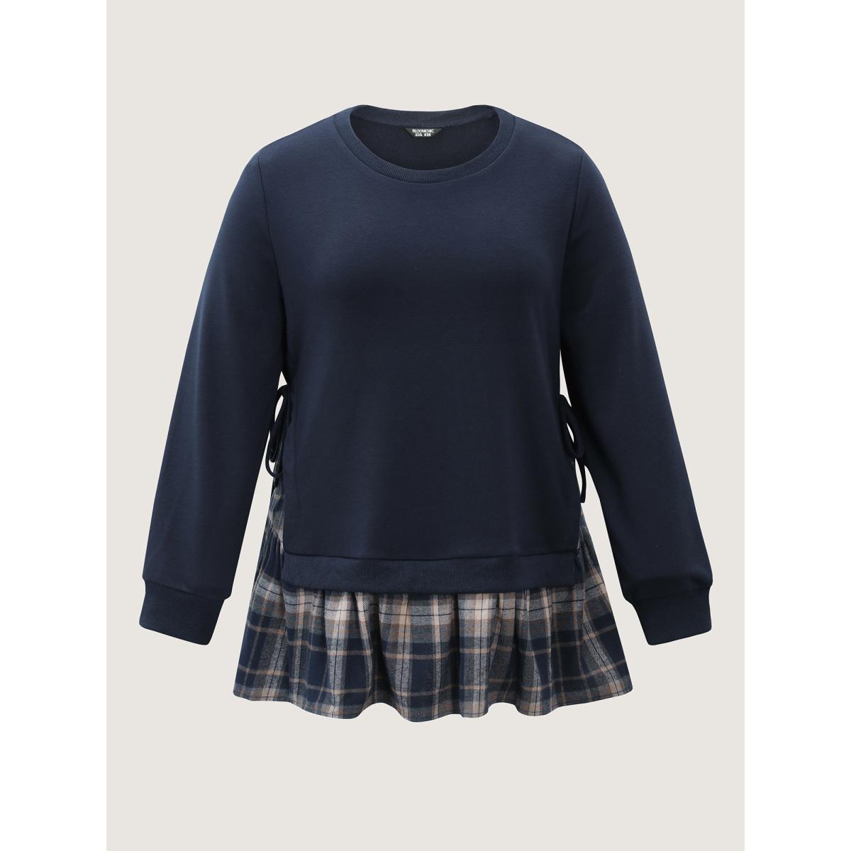 Plus Size Plaid Pattern Layered Stretchy Sweatshirt Women Indigo Leisure Tie knot Round Neck Casual Sweatshirts BloomChic 18-20/2X Product Image