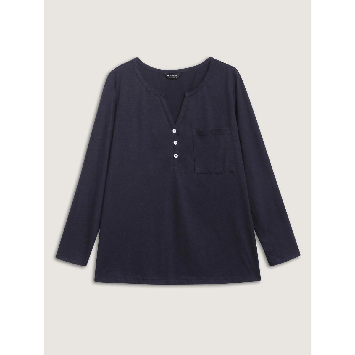 Plus Size Stretchy Split Button Neckline Basic T-Shirt Indigo Women Leisure Button Flat collar with V-notch Casual T-shirts BloomChic 28/5X Product Image
