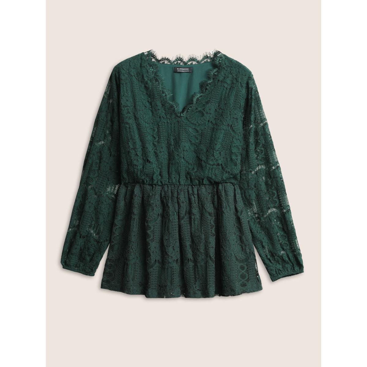 Plus Size DarkGreen Solid Lace Patchwork Elastic Waist Blouse Women Elegant Long Sleeve V-neck Party Blouses BloomChic 18-20/2X Product Image