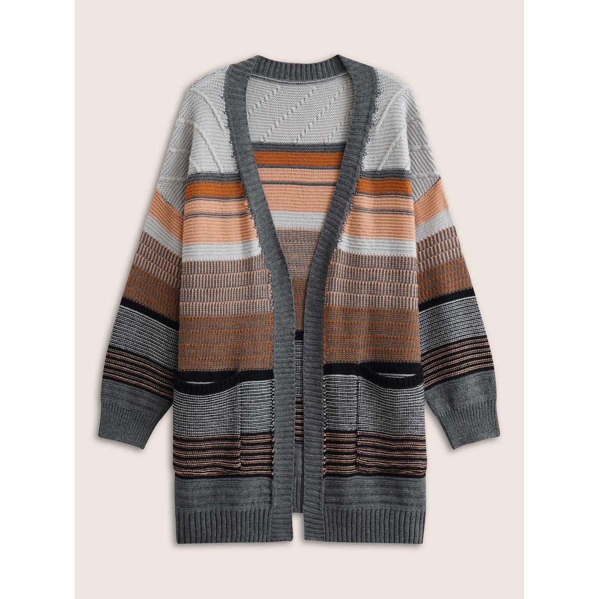 Plus Size Textured Patchwork Contrast Pocket Open Front Cardigan Gray Women Casual Loose Long Sleeve Dailywear Cardigans BloomChic 22-24/3X Product Image